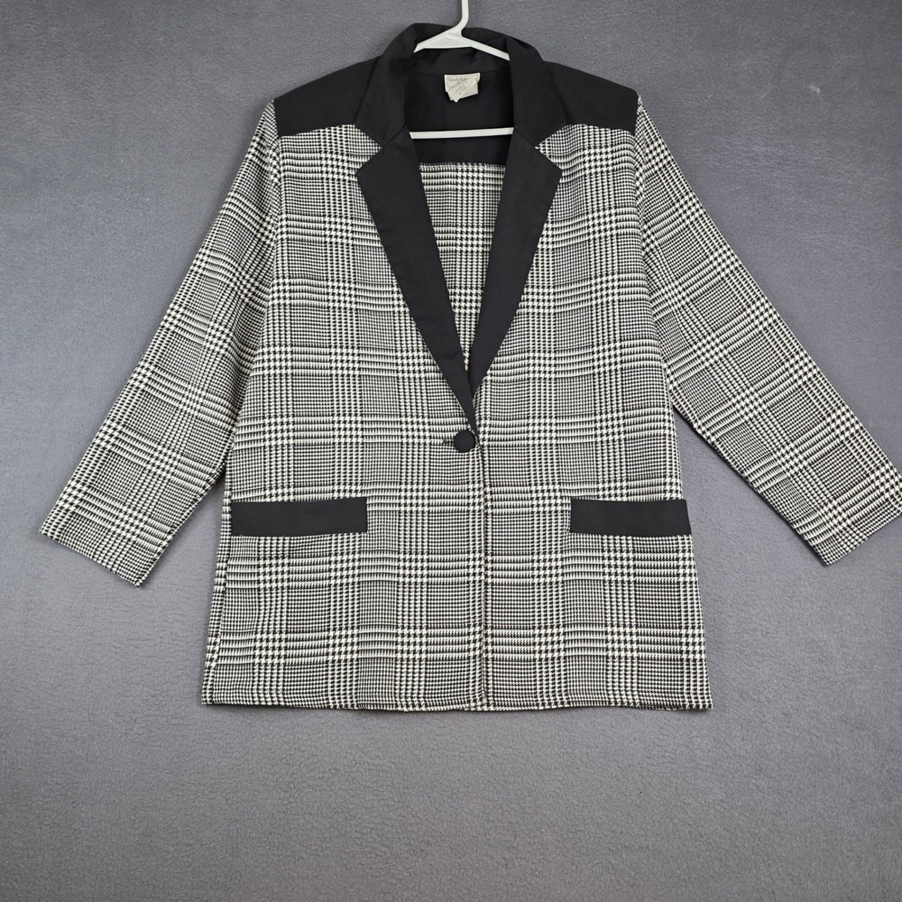 Bobbie Brooks Blazer Women Small Black White Glen Plaid Houndstooth Shoulder Pad